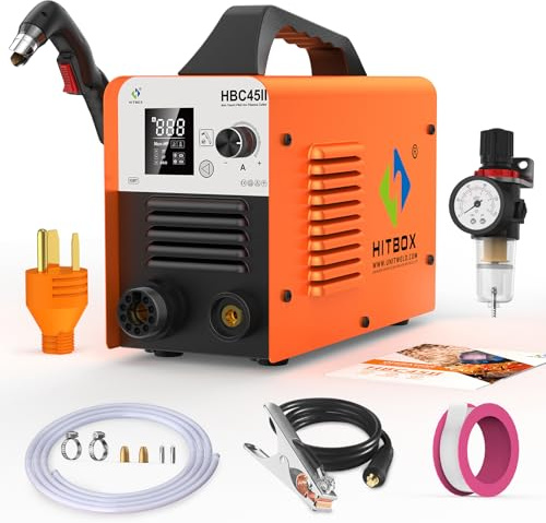 HITBOX 45A Plasma Cutter, Non-Touch Pilot Arc Air Plasma Cutting,[Large LED Display] [IGBT Inverter] 110/220V Grid Cutting for Metal, Max Cut 15mm, 2T/4T for Beginners DIY