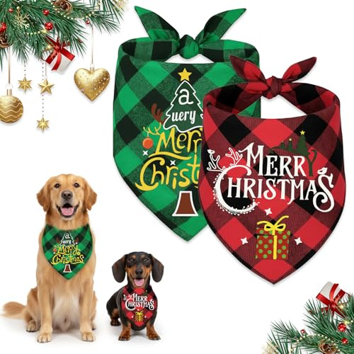 BEIUEN Weihnachtshalstuch Hund 2er Set, Doppellagiges beidseitig tragbares Bandana Hund Weihnachten, Hundehalstuch Weihnachten mit Weihnachtsbaum & Geschenk, für kleine & mittlere Hunde