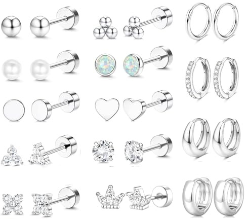 TINGN 14 Paar Ohrringe mit Flachem Verschluss für Damen Hypoallergene Ohrringe aus Chirurgischem Stahl für Empfindliche Ohren Vergoldete Creolen Ohrstecker Sets Geschenke