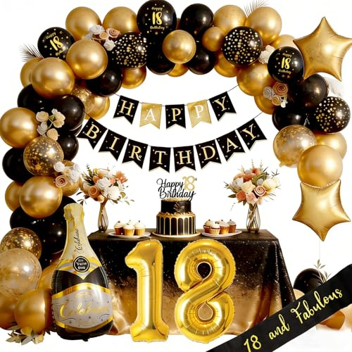 Palloncini 18 Anni Compleanno, Nero Oro Palloncini 18 anni, Addobbi 18 Compleanno Striscione per Decorazioni Festa 18 Uomo Donna