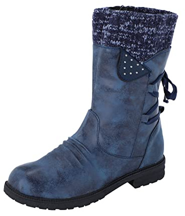 Halv landsbygd stövlar kvinnor snöstövlar kvinnor bred passform tjock häl slip-on rund tå stövel med låg klack uppklädd vintage läder ankel cyklist ridning strid bred vad vinterstövlar för damer, BLÅ