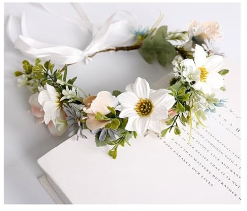 Blomsterkrans av konstgjorda blommor, Sunflower Daisy Flower Crown Pannband for Bröllopsfest Bröllop Multicolor(Ivory)