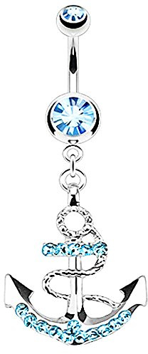Piersando Bauchnabelpiercing Bauch Banane Piercing Stecker Gebogen Kristall mit Anker Anchor Anhänger Aqua