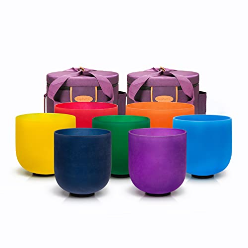 TOPFUND Chakra Set of 7 Color Crystal Singing Bowls 6-10 inch with Heavy Duty Carrying Cases and Singing Bowl Mallets