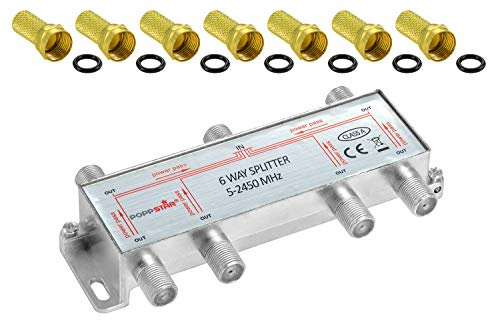 Poppstar Répartiteur coupleur d'antenne 6 Sorties, Fiche F inclue (analogique/numérique/large-bande/unicable/HD/4K Compatible) pour TV,Antenne TNT,Satellite,Câble,TV,Radio,LNB - 100dB, 5-2450 MHz