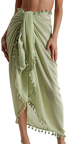 Eicolorte Pareo da spiaggia - Copricostume da donna, semi-velato, gonna corta con nappe, 20-avocado-lungo, XXX-Large