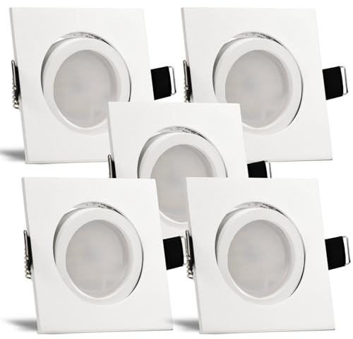 trendlights24 Bianco LED Einbaustrahler dimmbar flach 230V Weiß 5W 5er Set | extra flach, Einbautiefe 35 mm, Spots, Neutralweiß, 4000k, austauschbar, Decken Einbauleuchte, Weiß matt, eckig, schwenkbar