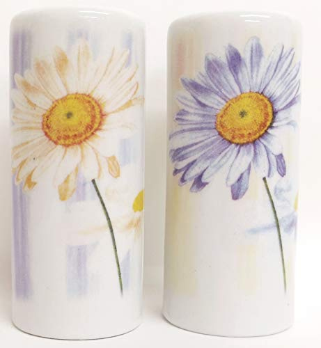 Blue & Yellow Daisy Salt & Pepper Round Porcelain Floral Painted Effect Ceramic Cruet Set Hand Decorated in UK