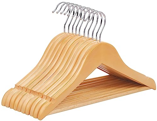 SONGMICS Cintre Enfant en Bois, Lot de 10, avec Barre de Suspension, Encoches, Crochet Rotatif à à 360°, Longueur 35 cm, Couleur Boisée CRW006N01