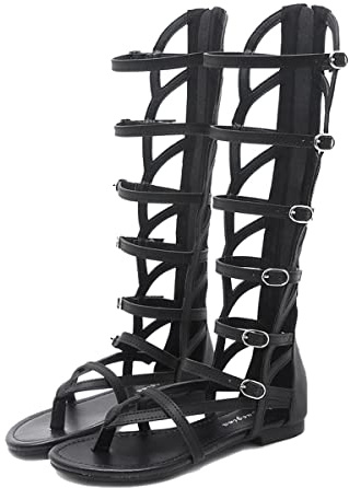 Sandali Gladiatore Donna Alti, Traspiranti Sandali Fino Al Ginocchio con Fibbia e Cerniera, Tacco Basse Sandali da Spiaggia Donna Eleganti, Moda Sandali Estivi Piatte Sandalo i(Size:35EU,Color:Nero)