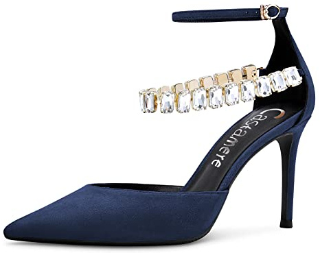 Castamere Donna Spillo Alto High Tacco Heel Cinturino alla Caviglia Pumps Diamante Cristallo a Punta Sandali 8 CM Heels Dress Scarpe Blu Navy 35 EU