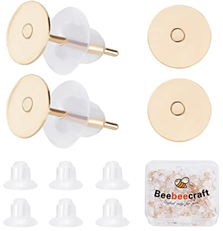 Beebeecraft 200 Stück/Box Cabochon Ohrringe Rohlinge 24 Karat Vergoldeter Edelstahl Blanker Ohrstecker Rohlinge Lünette Mit 200 Kunststoff Ohrmuttern Für Ohrstecker Schmuckherstellung (Tablett: 6 mm)
