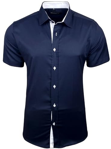 Baxboy Herrskjorta smal passform lätt att stryka affärer bröllop fritidsskjorta kortärmade skjortor för män modern B-455 S-4XL, marinblå, L