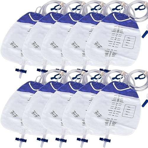 Paquete de 10 bolsas de drenaje urinario con cámara antirreflujo, bolsas de orina de 1500 ml con drenaje de tubo de 48 pulgadas, clips y gancho para colgar, bolsa urinaria con boquilla de drenaje