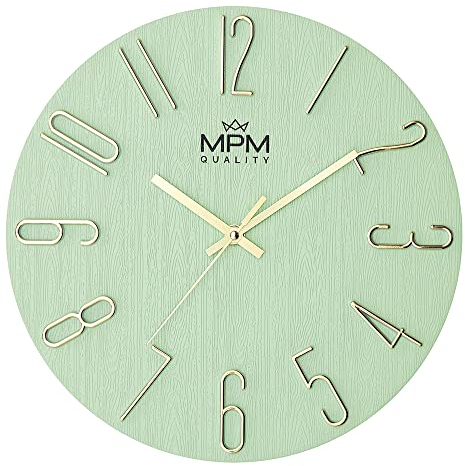 MPM Quality Design Wanduhr, Grün/Gold, 3D Ziffern, präzises Quarz-Uhrwerk, ∅ 305 mm, Moderne Wand-Deko für Wohnzimmer, Schlafzimmer oder Büro