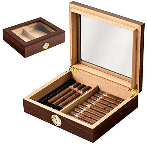 VOYADE Leichte Luxus-Zigarren-Humidorbox Mit Holzmaserung, Zigarren-Humidor Mit GroßEm FassungsvermöGen, Klavierlackierung, Innenausstattung Aus Zedernholz, KapazitäT Von 35,A