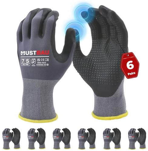 Mustbau Arbeitshandschuhe Schwarz, Arbeitshandschuhe Herren mit Nitril Beschichtung für Montagearbeit，Mechaniker, Gartenarbeit und Bauarbeiten, Gr. S, 6Paare