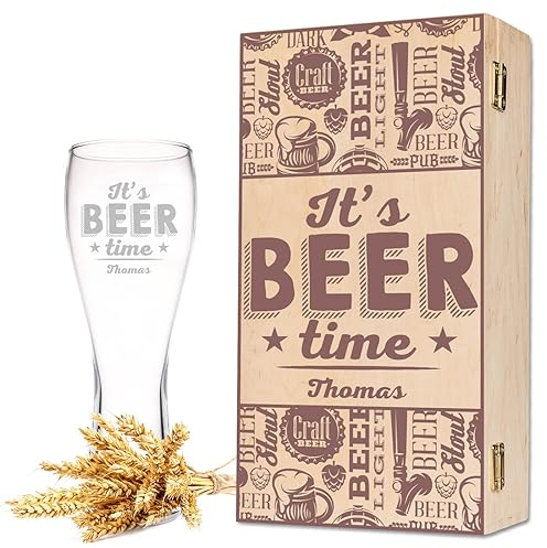 Leonardo Vaso de trigo con grabado – It's Beer Time – Personalizado con nombre, incluye caja de madera, regalo para conocedores de la cerveza – Idea de regalo para hombres – Regalos para papá para el