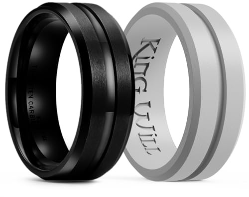 King Will Silicone Rings for Men 8mm Black Tungsten Wedding Band - Men's Wedding Ring Set - Rubber Wedding Bands, and Workout Rings for Men with Grooved Center Design - Available in Gray 10