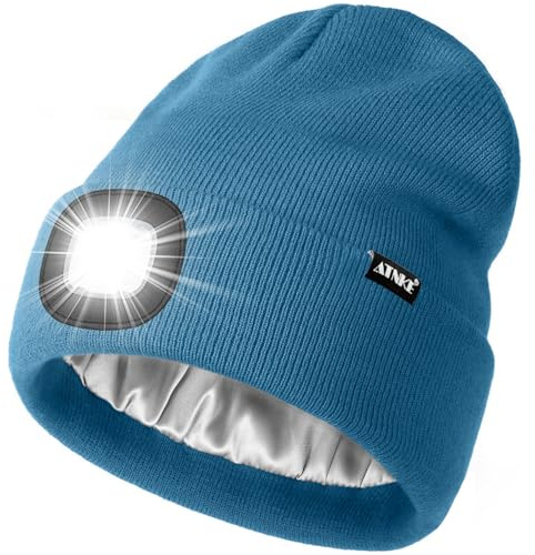 ATNKE LED Beleuchtete Mütze mit Licht,Wiederaufladbare USB 4 LED Beleuchtete Laufmütze Extrem Heller Lampe Winter Warme Satin Seide Gefüttertes Geschenke für Herren und Damen/Peacock Blue