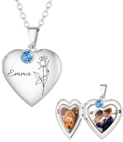 Personalized Heart Necklace with Picture inside Custom Locket Necklace for Women Girl Kids Engraved Birth Flower Birthstone Text for Heart Locket Necklace Gold/Silver/Rose Gold Christmas Birthday Gifts