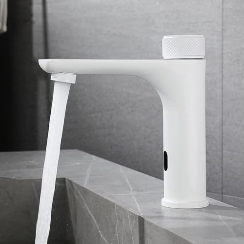 XJTNLB Wasserhahn mit Sensor Batterie Infrarot Sensor Wasserhahn mit Einstellbarem Temperaturbegrenzer Mischbatterie Waschbecken aus Edelstahl,Weiß
