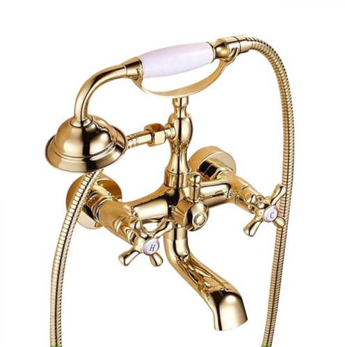 Badewannenarmatur Badewanne Wasserhahn Retro Vintage Stil Messing Wandmontage Zwei Griffe Wannenbatterie Wannenarmatur Mit Handbrause Wannenmischer-Dusche Set, Gold