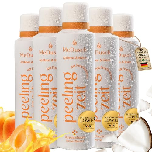 MeDusch Duschpeeling Duschschaum Peelingzeit (200ml) Aprikose und Kokos mit milder Frucht- und Milchsäure (AHA, BHA) im praktischen 4er-Set (unisex)- Körperpeeling, AHA BHA Peeling
