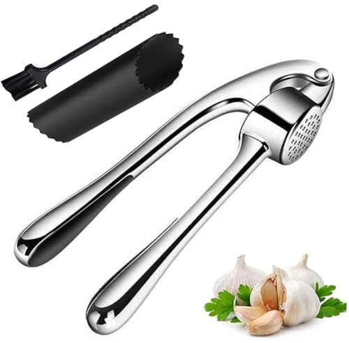 Knoblauchpresse Edelstahl,Knoblauchpresse Küche Leicht zu Reinigen,Küchenhelfer Garlic Press,Knoblauchschäler,mit Leicht zu Drückendem Griff und Reinigungsbürste,17,5 cm,Silber