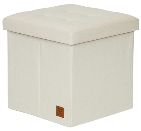 Love IT Store IT Premium sittpall med lagringsutrymme – pall av högkvalitativt linnetyg – förstärkt med trä – bekväm och extra stabil – beige – 38 x 38 cm