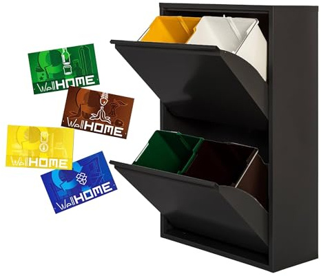 WELL HOME MOBILIARIO & DECORACIÓN Cubo de basura y reciclaje Metálico de 4 compartimentos + 4 etiquetas magnéticas, 4x17L (68L) Negro mate