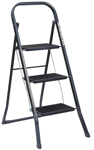 OurHouse Rubber Non-Slip 2-Tread Step Ladder, Lightweight and Sturdy Steel Frame, Portable Compact Design for DIY & Gardening, Indoor/Outdoor Use, 150kg Max Capacity (3-Tread)