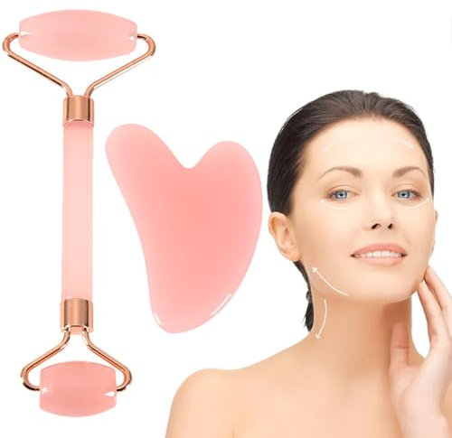 FiTspi Gua Sha & Jade Roller Kit, Rose Quartz Roller with Guasha Stone, Skincare Tools for Women, Facial Massager Roller for Face,Eye,Neck,Relieve Fine Lines and Firming Facial