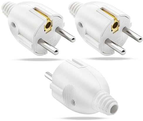 Spina Maschio 3 pezzi Spina Schuko da Esterno con Protezione Antipiega,250 V 10/16A,Spina con Contatto di Messa a Terra, Spina di Terraspina di Terra, Spina Cablata Laterale Bianco
