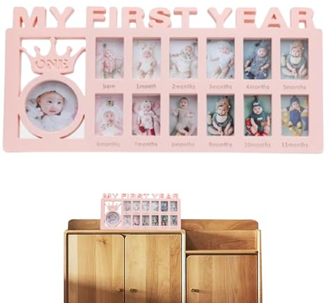 Bilderrahmen „Mein erstes Jahr 12-Monats-Fotorahmen „Neues Baby Baby-Collagerahmen mit 12 Bildern Meilenstein für Fotoerinnerungen Geschenk zur Babyparty Rosa Babyalbum 12-Bilder-Collagerahmen Mein