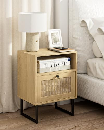 HEYZOEY Boho Nachttisch, Kleiner Rattan Beistelltisch Mit Schublade und Eichenregal für Schlafzimmer, Wohnzimmer, Büro (Eiche Rattan)