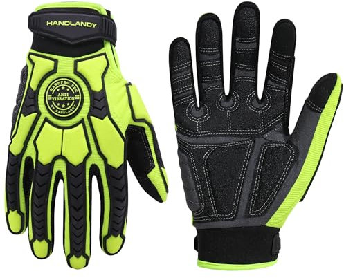HANDLANDY Gants anti-vibrations pour homme - Gants de travail résistants aux chocs - Paume rembourrée - Gants de travail robustes (vert Hi-vis, XL)