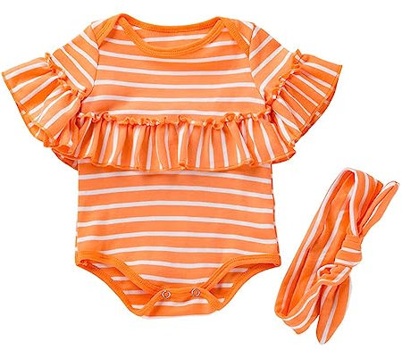 Ballettanzug Damen Kurzarm Rüschen Srtipe Strampler Overall Neugeborenen Bodys Kleidung Baby Strampler Junge (Orange, 3-6 Months)