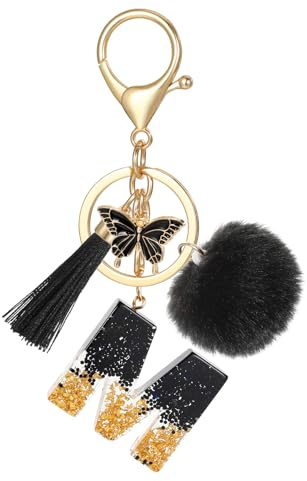 MWOOT Schlüsselanhänger Buchstabe, Schlüsselanhänger mit Anfangsbuchstaben Schmetterling Bommel Quasten Anhänger für Damen Mädchen, Schwarz Harz Schlüsselringe Name für Rucksack Handtaschen Charms