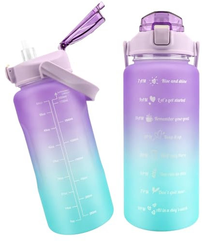 MXTIMWAN Bouteille d'Eau 2L, Gourde Sport avec Marqueur de Temps et Paille, Grande Gourde Sans BPA, Gourde 2L Anti Fuite pour Gym, Voyage, Bureau (Bleu + Lilas)