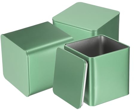 sourcing map Quadratische Blechdose, 90 mm, Metall, leer, Aufbewahrungsbehälter, Organizer, Kerzenglas mit Deckel, für Leckereien, Geschenke, Gastgeschenke, losen Tee, Kaffee, Basteln, Kekse, Grün, 3