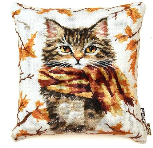 AxiangziK Herbstblätter Kreuzstich Set Vorgedruckt,Katze trägt Schal,Gobelin Stickbilder Kreuzstich Kissen Set Stickkissen Kreuzstichkissen/Stickkissen-Set,45x45cm