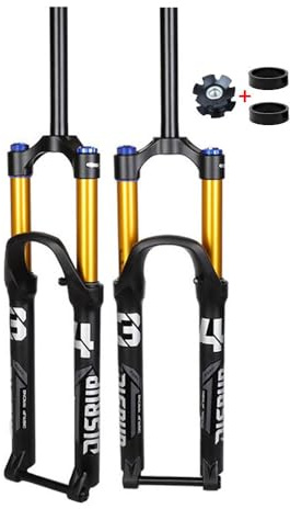 BSFHQS Fahrrad Federgabel 26/27.5/29 Zoll Mountainbikes Luftgabel Federweg 160mm 1-1/8 Gerade/konisches Vorderradgabel Steckachse 15x110mm Scheibenbremse Dämpfungseinstellung(Gold-Straight,26)