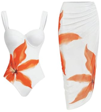 ORANDESIGNE Costume Intero Donna Piscina Controllo della Pancia Costumi Mare Curvy Costume da Bagno Push Up Floreale Monokini e Pareo Mare Lungo 2 Pezzi Set A Arancione L