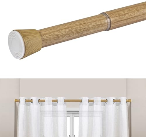 Tringle à rideau sans perçage télescopique en métal extensible 28 mm fixation par pression résistante pour rideaux placards et salle de bain STORESDECO finition bois 50-80 cm