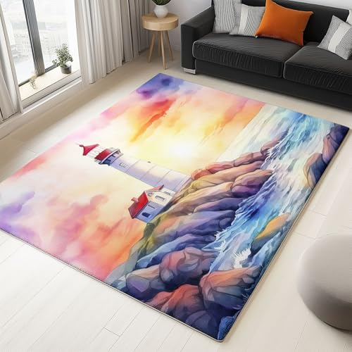 Generisch Teppich Wohnzimmer Ölgemälde Leuchtturm Meer 160x230cm Ultra Weicher rutschfest Große Waschbarer Teppich, Modern Schlafzimmer Home Office Dekor
