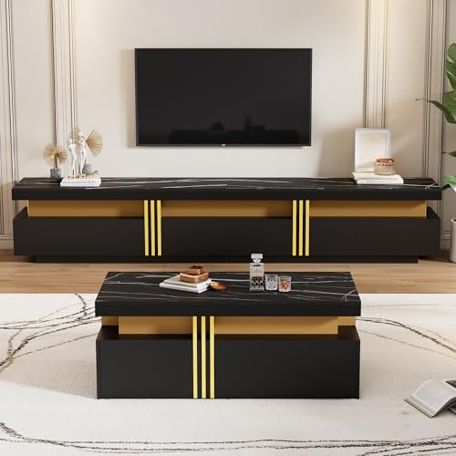 Mueble de TV moderno con efecto mármol, mueble bajo con tres cajones y gestión de cables, elegante mueble de TV para salón, construcción robusta, apto para televisores de hasta 90 pulgadas