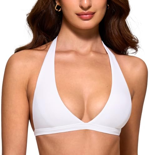 INGIA Womens Deep V-Neck Halter Longline Sports Bra Padded Low Back Low Impact Fitness Yoga Bra Workout Crop Top White Small