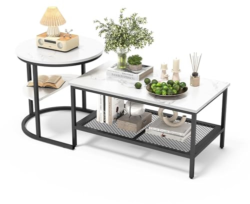 Holtrae 2er Set Couchtisch, Beistelltisch Marmor Optik mit Metallrahmen,Rund und Rechteck Beistelltisch mit Stauraum, Kaffeetisch Wohnzimmertisch Sofatisch für Wohnzimmer, Schlafzimmer(Weiß+Schwarz)