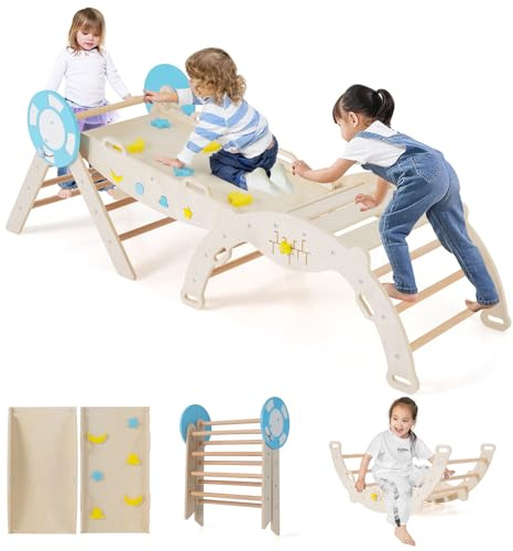 COSTWAY Klettergerüst Indoor 3er Set, klappabres Kletterdreieck mit Rutsche, Kletterbogen, inkl. doppelseitige Rampe & Baustein Set, Seefahrer Sprossendreieck Holz für Kinder ab 1 Jahr